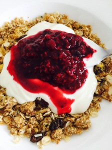 Apricot Granola with natural yoghurt and frozen berry compote Laura of London